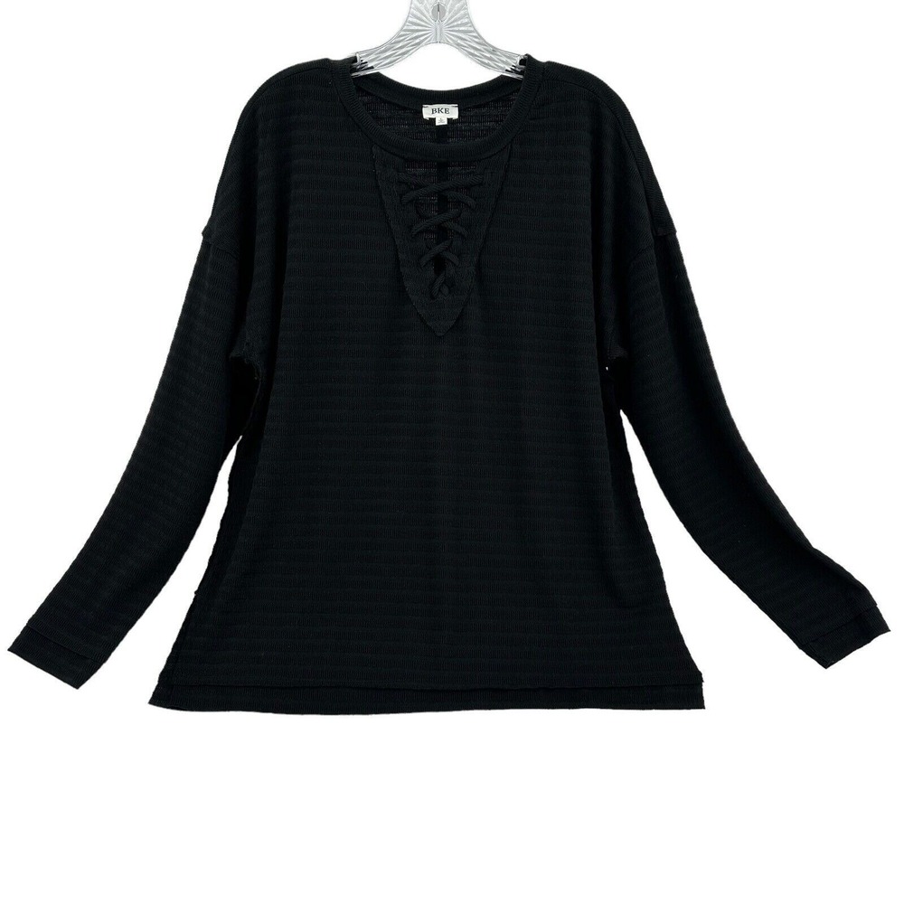 BKE Women Large Black Lace Up V-Neck Ribbed Long Sleeve Top Cowgirl Casual Soft